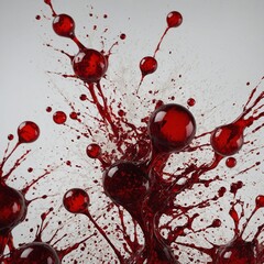 Poster - Splattered red paint or blood against light background, with droplets and splatters creating abstract, dramatic composition