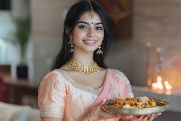 Poster - young indian woman celebrating diwali festival at home