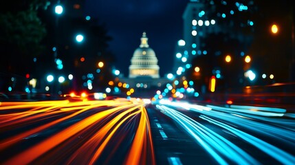 A captivating nighttime cityscape with a majestic Capitol Building framed by vibrant light trails, symbolizing progress, government, urban life, and a sense of movement.