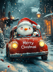 Poster - A cute Christmas car with Santa Claus, reindeer, and penguins inside clipart design with 