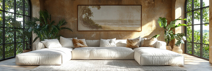 Canvas Print - A large white sectional sofa in a sunlit living room with large windows and a tropical beach painting on the wall.