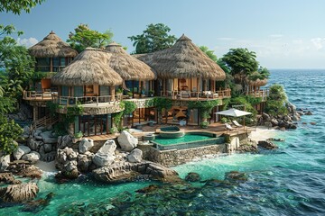 Wall Mural - A beach house with a pool and a white umbrella is shown on a rocky shoreline