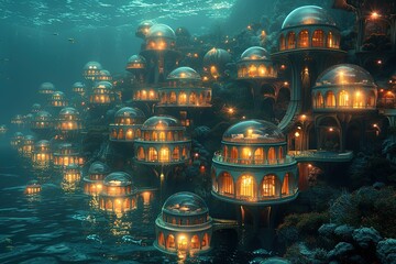 Wall Mural - a beautiful underwater city with many buildings lit up at night