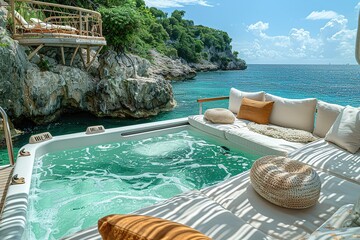 Wall Mural - A pool with a wooden deck and a view of the ocean