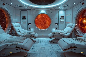 Poster - a space shuttle with two white chairs and a white bed