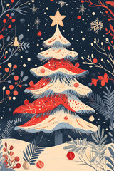 Poster - christmas postcard, hand drawn illustration with intricate details, in style of flat vector