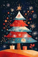 Poster - christmas postcard, hand drawn illustration with intricate details, in style of flat vector