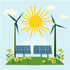 A minimalist vector illustration featuring a bright sun, wind turbines, and solar panels, symbolizing renewable energy and sustainability in a simple, playful design.