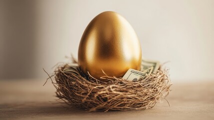 A golden egg rests in a nest of dollar bills, representing the concept of financial security, wealth accumulation, investment success, and the potential for future prosperity.