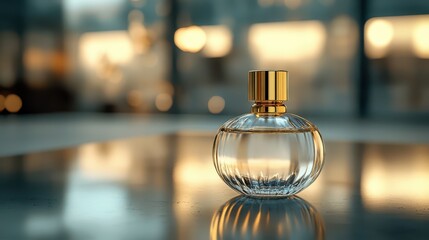 High-resolution image of a clear glass perfume bottle with gold cap, smooth and sleek, clear texture, soft lighting