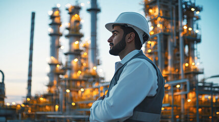 Wall Mural - Confident Male Manager Inspecting Oil and Gas Refinery Operations with Professional Expertise in Industrial Manufacturing