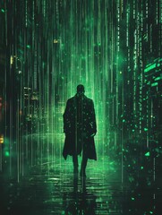 Wall Mural - A lone figure walks through a digital rain of green code, symbolizing the complexities of the digital world, cybersecurity, hacking, mystery, and the pursuit of knowledge.