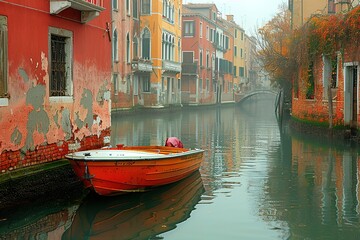 A boat is floating in a canal with a red and yellow building in the background