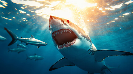 A majestic great white shark with its mouth open swims through the clear blue ocean water, sunlight shining above. It represents power, predator, ocean life, wildlife, and nature.