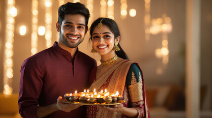 Sticker - young indian couple holding oil lamps plate