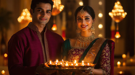 Sticker - young indian couple holding oil lamps plate