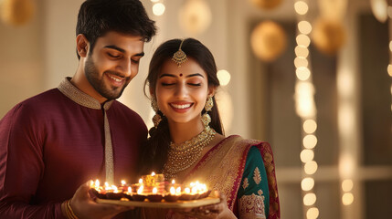 Canvas Print - young indian couple holding oil lamps plate