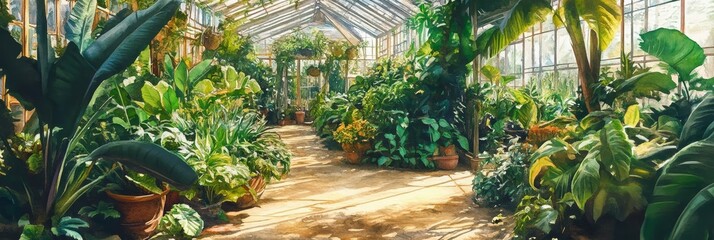 Wall Mural - A serene greenhouse filled with lush greenery, showcasing vibrant plants and a tranquil atmosphere, creating a perfect space for a secret garden market.