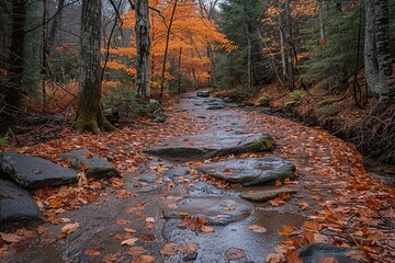 Wall Mural - A forest path is covered in leaves and rocks