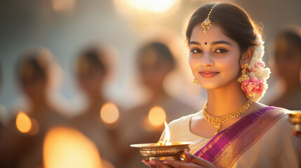 Canvas Print - young indian woman holding oil lamp on diwali festival