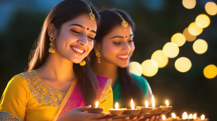 Sticker - two indian woman celebrating Diwali with lighting oil lamps