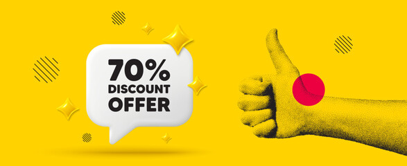 Wall Mural - Hand showing thumb up like sign. 70 percent discount tag. Sale offer price sign. Special offer symbol. Discount chat box 3d message. Grain dots hand. Like thumb up sign. Vector