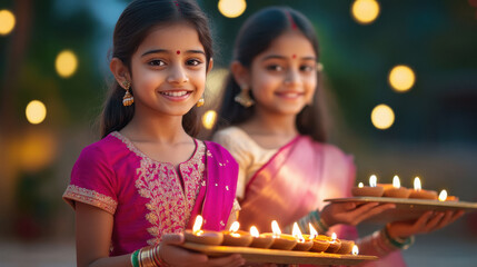 Sticker - two indian girls celebrating Diwali with lighting oil lamps