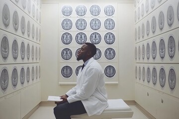 Wall Mural - Doctor sitting in a room full of MRI scans symbolizing the thorough analysis of neuroimaging precision diagnostics and the role of technology in modern medicine