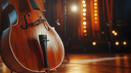 A cello on a stage, with its polished wooden surface and curved body illuminated by soft stage lights. The strings and fine details of the instrument are in sharp focus.