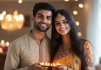 Sticker - young indian couple holding oil lamps plate