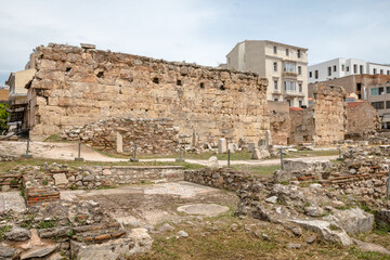 Views from the Hadrian's Library historical site in the city of Athens, Greece