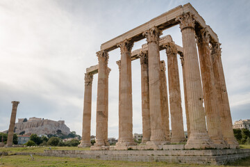 views from the temple of olympian zeus historical site in the city of athens, greece