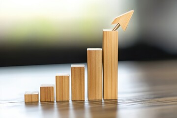 A wooden graph representing business growth with ascending bars and an arrow, symbolizing success and increased performance.