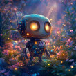 © Dariya - Cute little robot, flowers and light, beautiffu baby face style, colorful sequins, another world, more random details, another planet, bright starry sky, alien vegetation, oil rendering