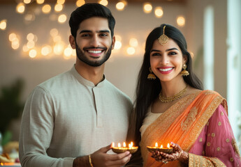 Poster - young indian couple holding oil lamps plate