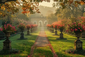 Wall Mural - A beautiful garden with a path lined with red flowers and green grass