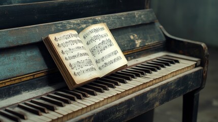 An old worn piano with an open book of sheet music resting on the keys, symbolizing the beauty of music, the passage of time, forgotten melodies, the power of expression, and the legacy of musical tra