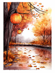 Sticker - autumn landscape with lantern and trees, watercolor illustration isolated on white background