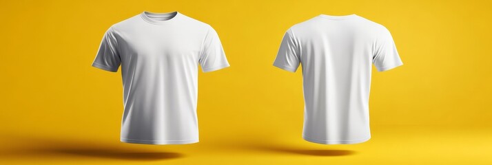 Wall Mural - Realistic 3D mockup of a plain white t-shirt, showcasing both front and back views against a vibrant yellow background. Ideal for showcasing designs, branding, or simply as a clean and modern template