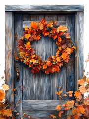 Sticker - autumn wreath on an old door, watercolor illustration isolated on white background