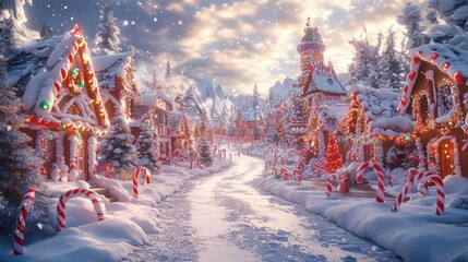 Whimsical Christmas backdrop with elves, candy canes, gingerbread houses, colorful, fun and festive holiday scene.