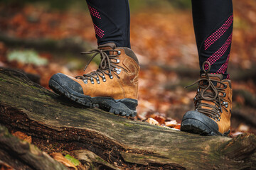 Wall Mural - hiking boot. legs on mountain trail during trekking in autumn forest