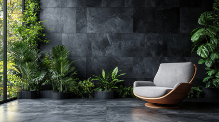 Wall Mural - A modern chair with a wooden frame and grey fabric in a minimalist living room setting.