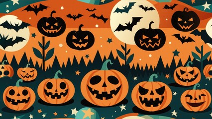 Flat vector design of a seamless Halloween pumpkin banner featuring spooky squash lanterns and eerie jack-o-lantern silhouettes, dark and moody tones on a seamless background