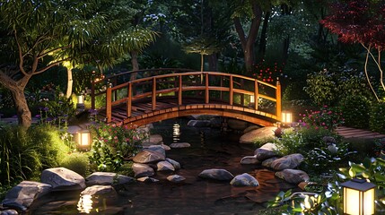 Poster - A tiny garden bridge that spans a peaceful brook at dusk and is encircled by lamps