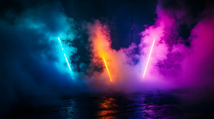 Wall Mural - at night, a vivid light show with colorful smoke effects takes place in a dark atmosphere