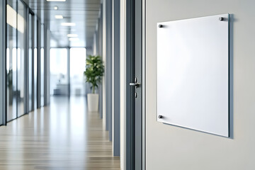 A mock up of a blank glass nameplate design is shown in this 3D rendering. The signplate is mounted on the wall near the interior door of the office. The signplate is mocked up on the wall behind the