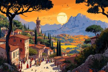 Wall Mural - A painting of a town with a large crowd of people walking down a street