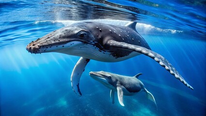 Humpback Whale and Calf Swimming Underwater in the Ocean