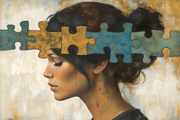 Wall Mural - Portrait of a woman with puzzle pieces missing from her head symbolizing mental health emotional complexity and the search for self understanding